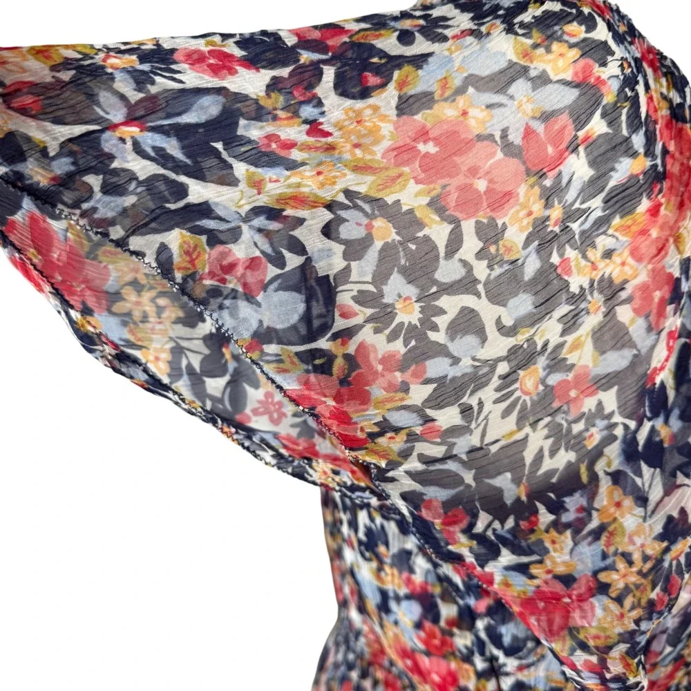 Sundance Floral Cupro Midi Dress Blue Red‎ Smocked Waist Short Sleeve Womens L